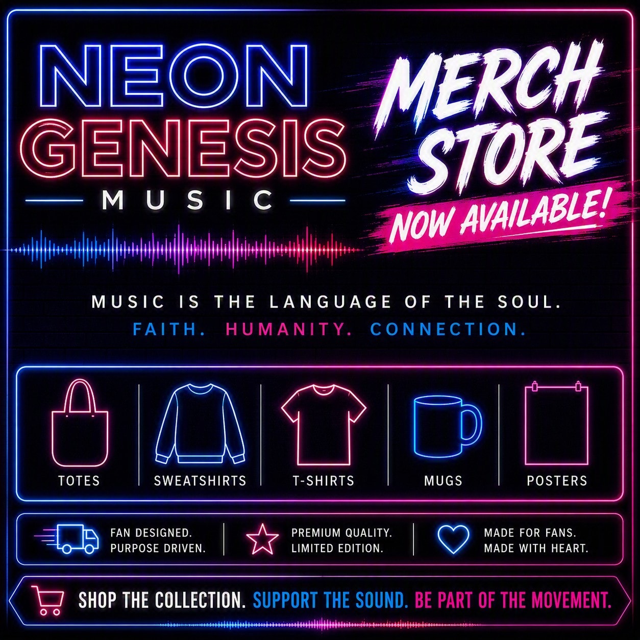 Neon Genesis Music Merch Store — totes, sweatshirts, t-shirts, mugs, and posters now available